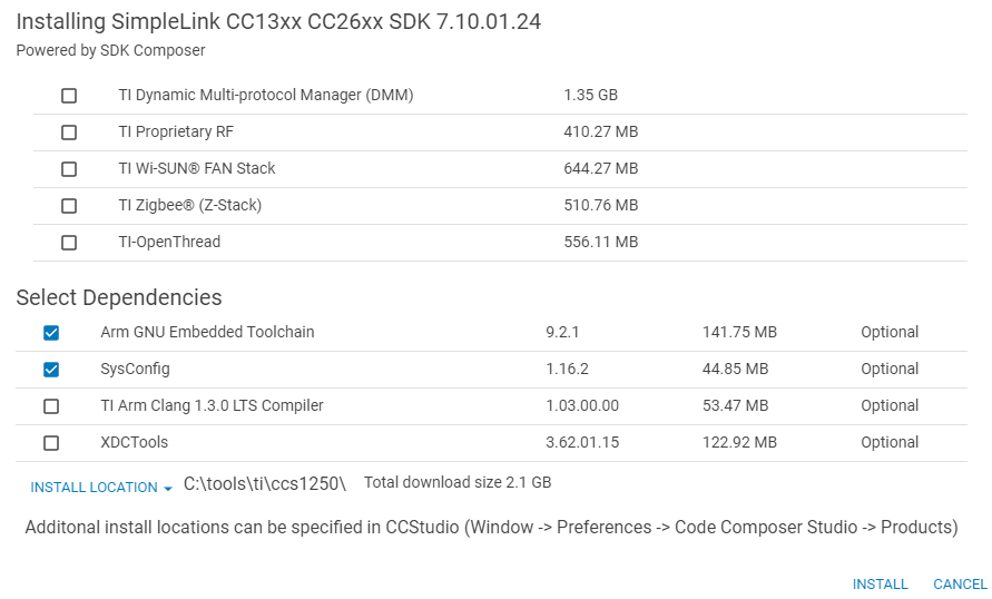 CodeComposer: parts of SDK to install